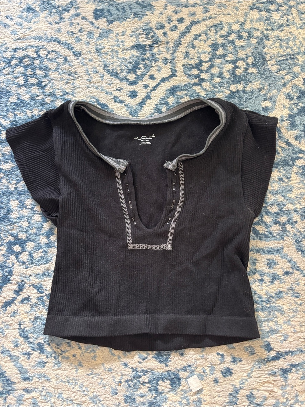 Urban Outfitters Black Ribbed Short Sleeve Crop Top with Gray Trim
